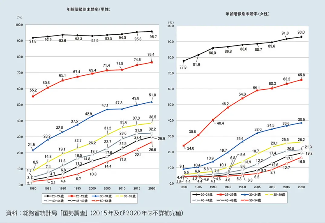 厚生労働省 - 年齢階級別未婚割合の推移データ